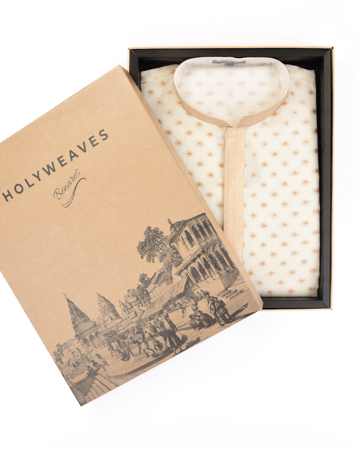 Ivory White Gold Zari & Red Meena Buti Cutwork Brocade Cotton Silk Banarasi Mens Kurta Pyjama-HolyWeaves