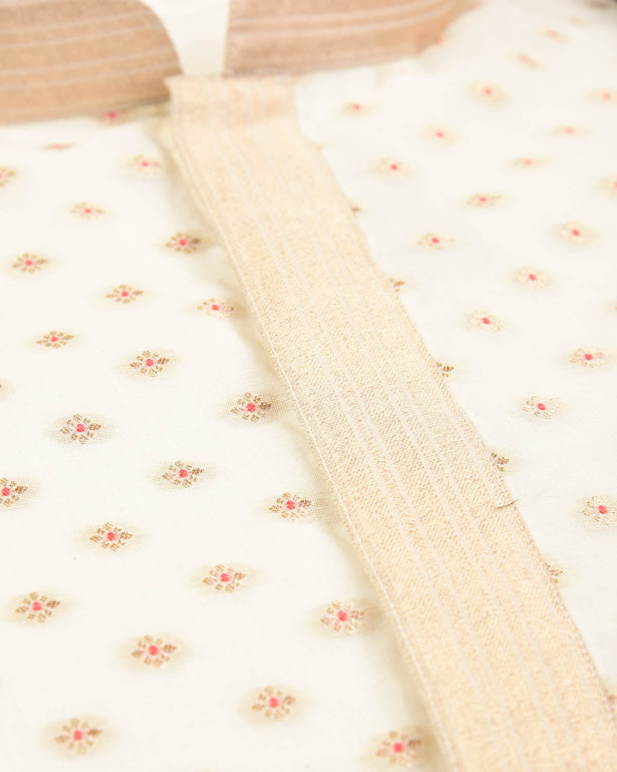 Ivory White Gold Zari & Red Meena Buti Cutwork Brocade Cotton Silk Banarasi Mens Kurta Pyjama-HolyWeaves