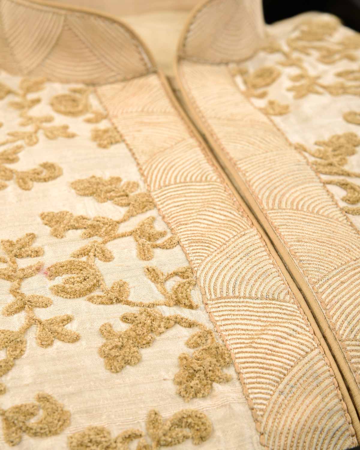 Cream Embroidered Dupion Silk Mens Kurta Pyjama-HolyWeaves