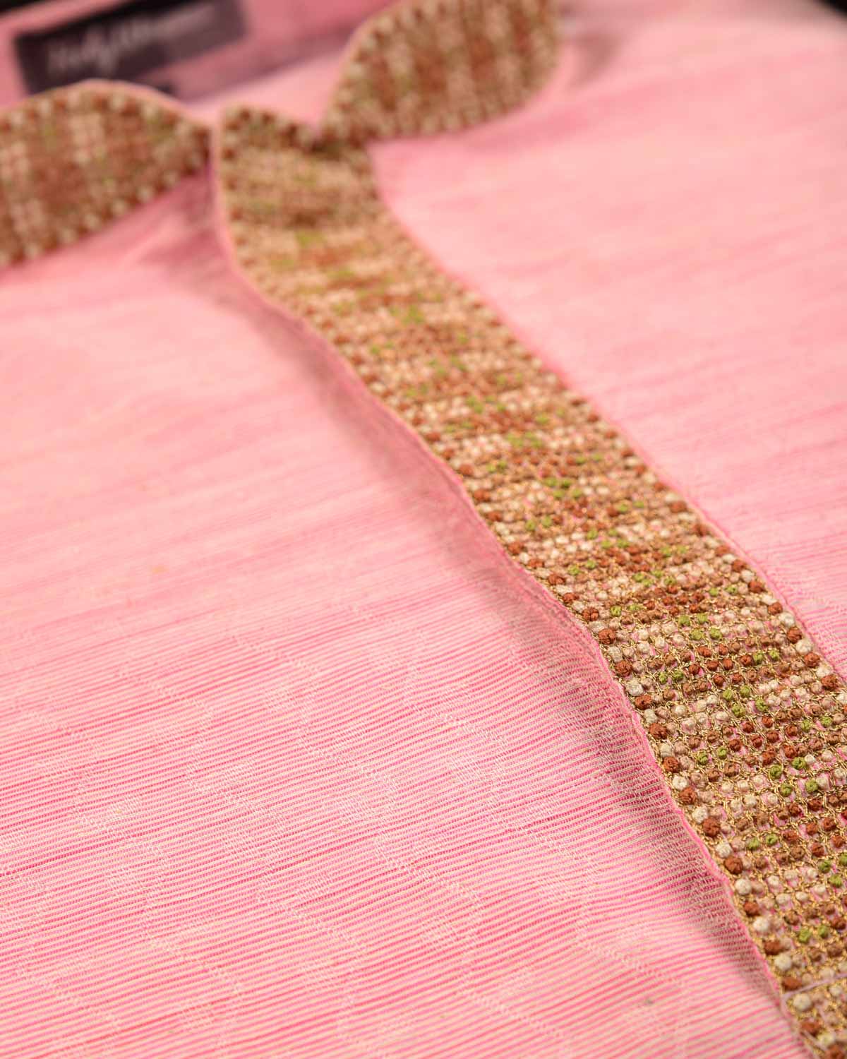 Pink Banarasi Hand-embroidered Cotton Silk Mens Kurta Pyjama-HolyWeaves