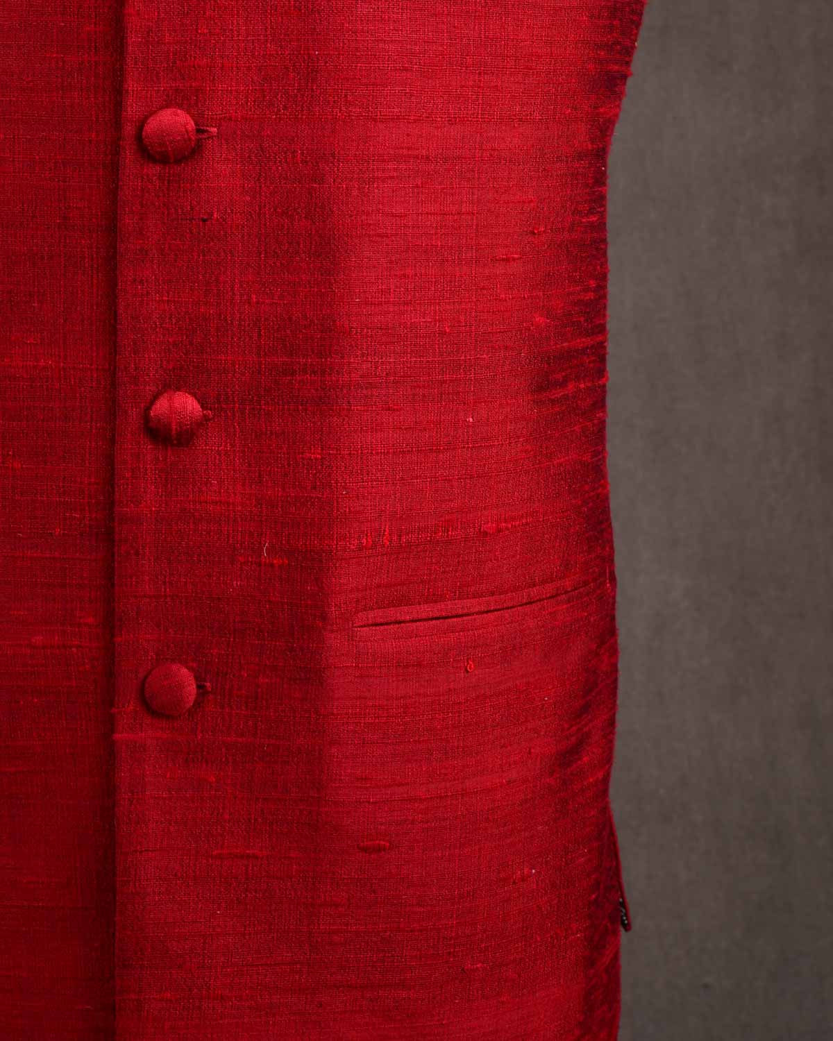 Crimson Red Textured Raw Silk Mens Modi Jacket-HolyWeaves