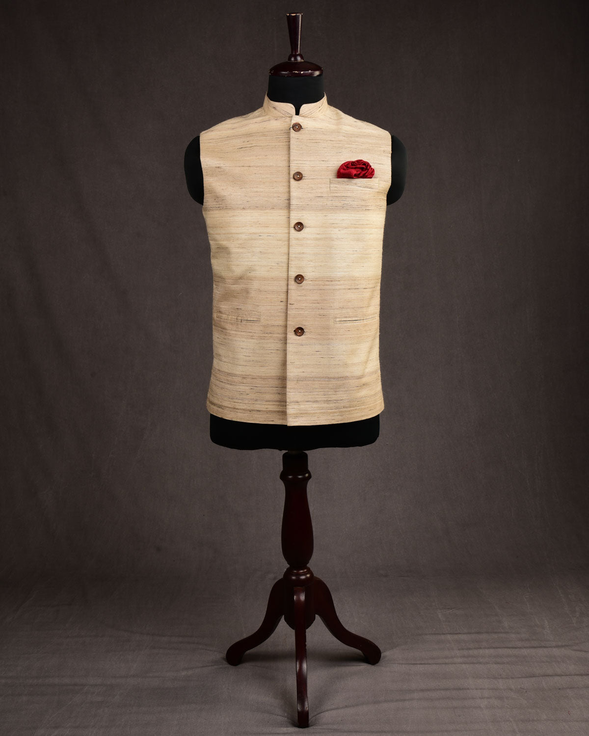 Beige Banarasi Textured Khichha Handwoven Tasar Silk Mens Modi Jacket-HolyWeaves