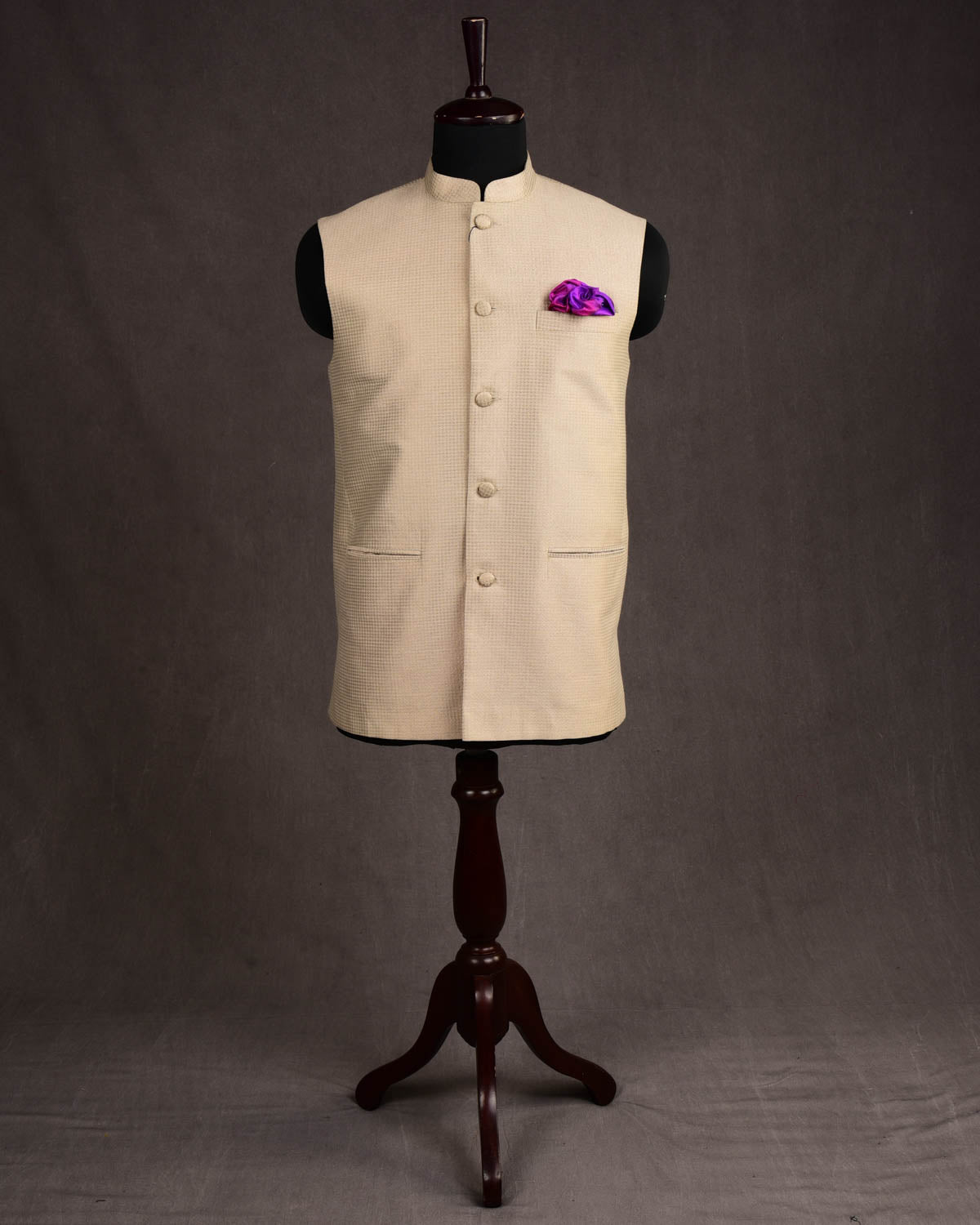 Cream Banarasi Mini Houndstooth Gold Zari Brocade Handwoven Cotton Silk Mens Modi Jacket-HolyWeaves