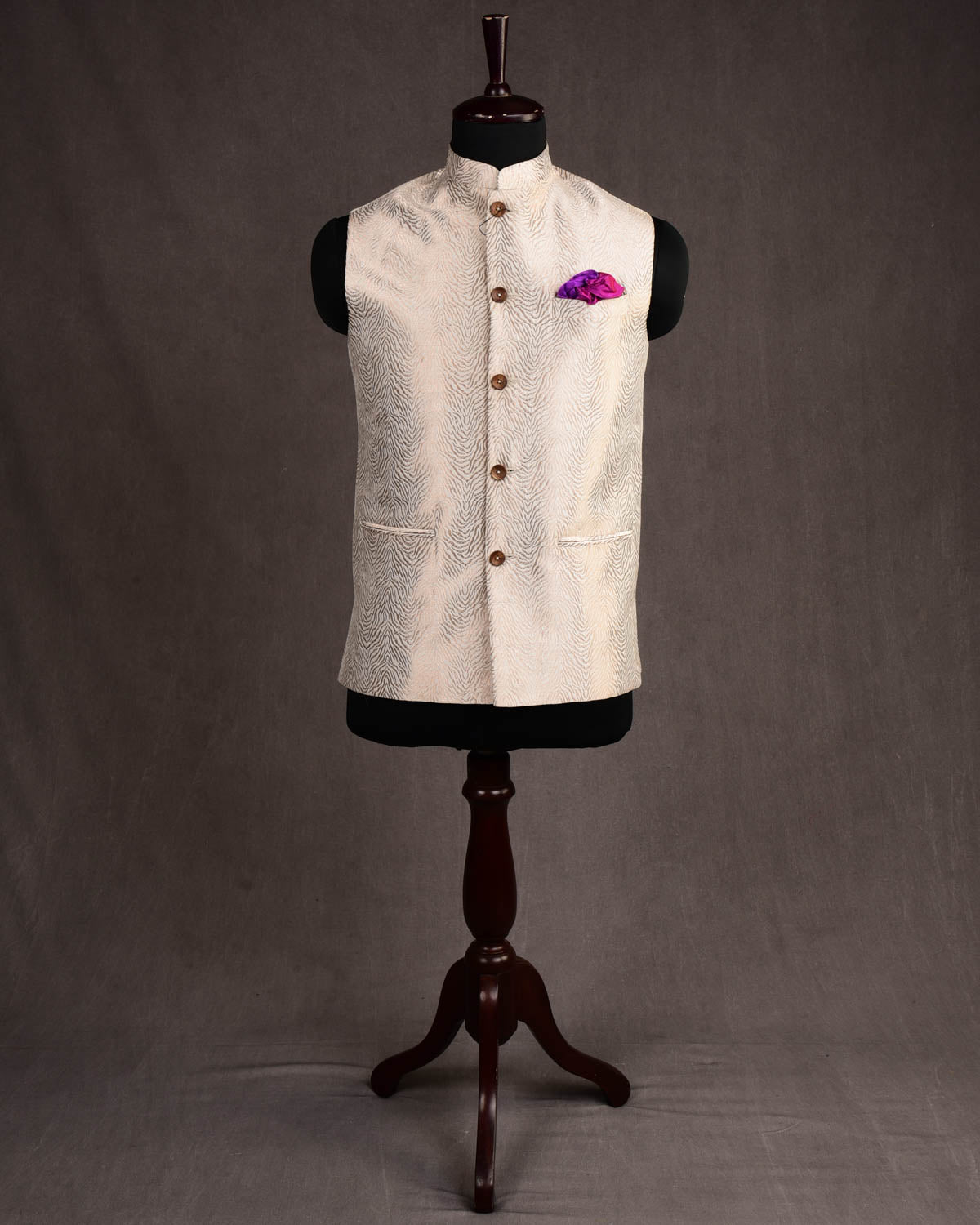 Cream Banarasi Gold Zari Tiger Stripes Brocade Handwoven Katan Silk  Slim Fit Mens Modi Jacket