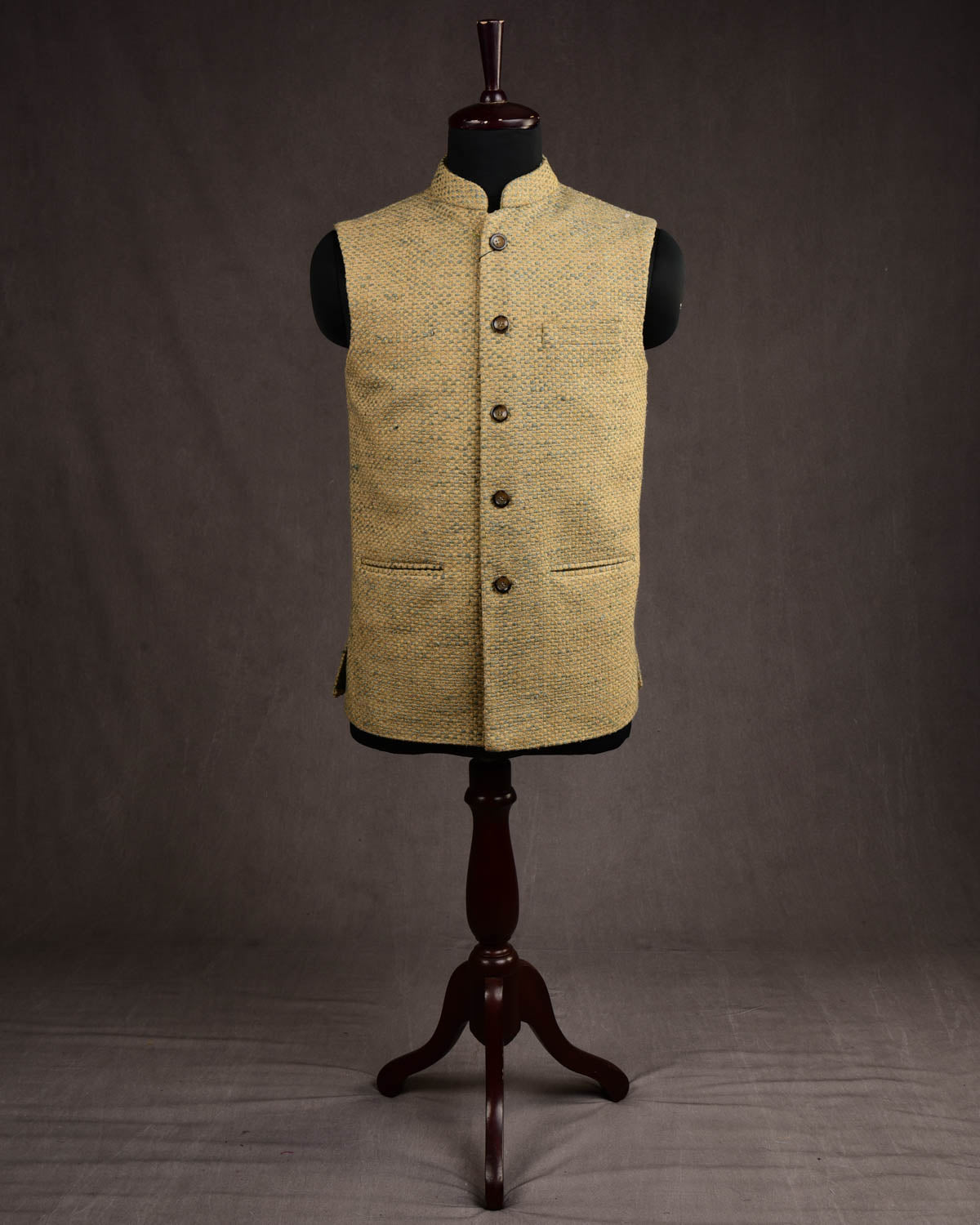 Beige Banarasi Handwoven Jute Cotton Slim Fit Mens Modi Jacket-HolyWeaves