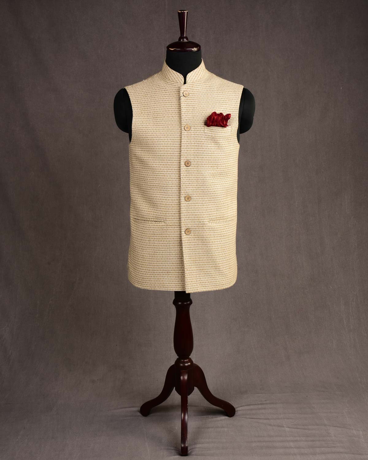 Cream Banarasi Handwoven Jute Cotton Mens Modi Jacket-HolyWeaves