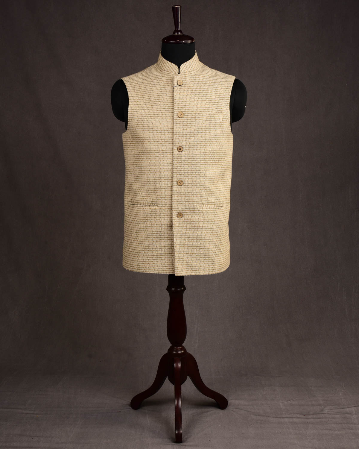 Cream Banarasi Handwoven Jute Cotton Mens Modi Jacket-HolyWeaves