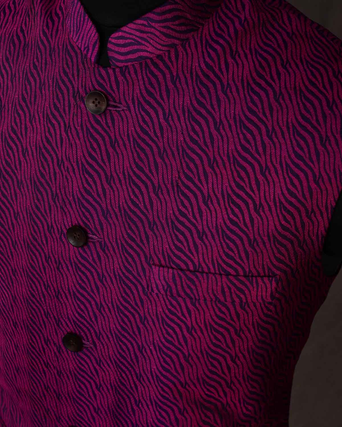 Purple Banarasi Zebra Stripes Tanchoi Handwoven Pure Silk Mens Modi Jacket-HolyWeaves