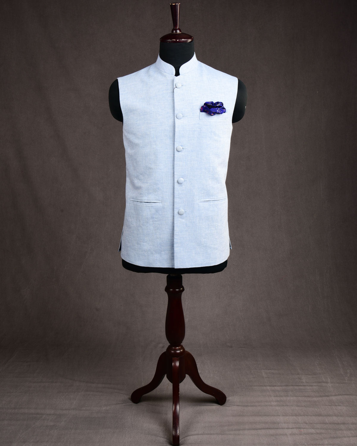 Textured Sky Blue Linen Mens Modi Jacket with Jaipur Cotton Lining