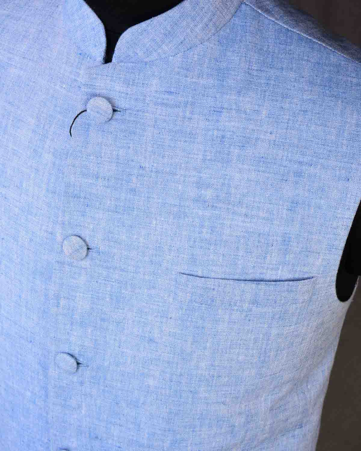 Textured Blue Linen Mens Modi Jacket with Jaipur Cotton Lining-HolyWeaves
