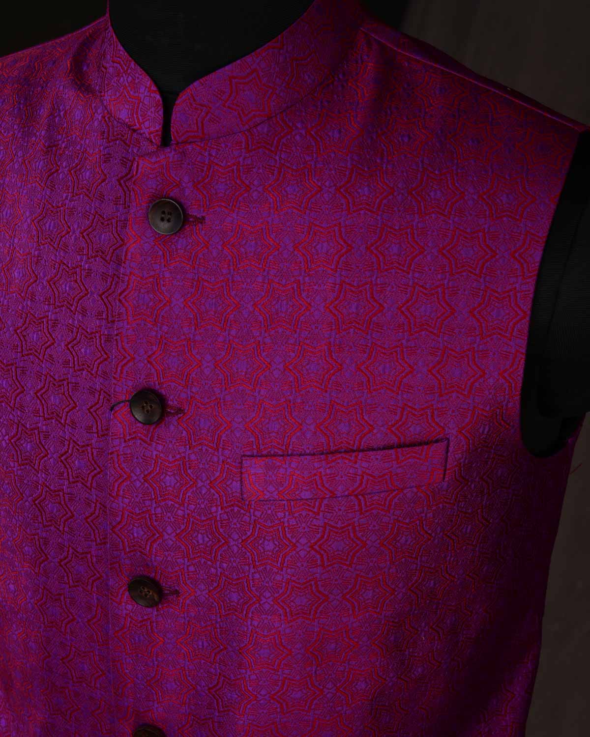 Purple Kaleidoscopic Stars Resham Tanchoi Silk Mens Modi Jacket-HolyWeaves