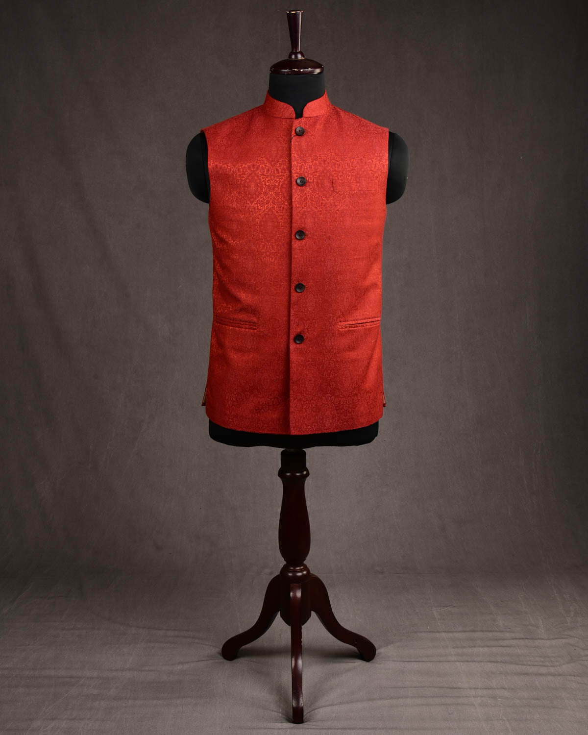Rust Banarasi Damask Tanchoi Silk Wool Mens Modi Jacket-HolyWeaves