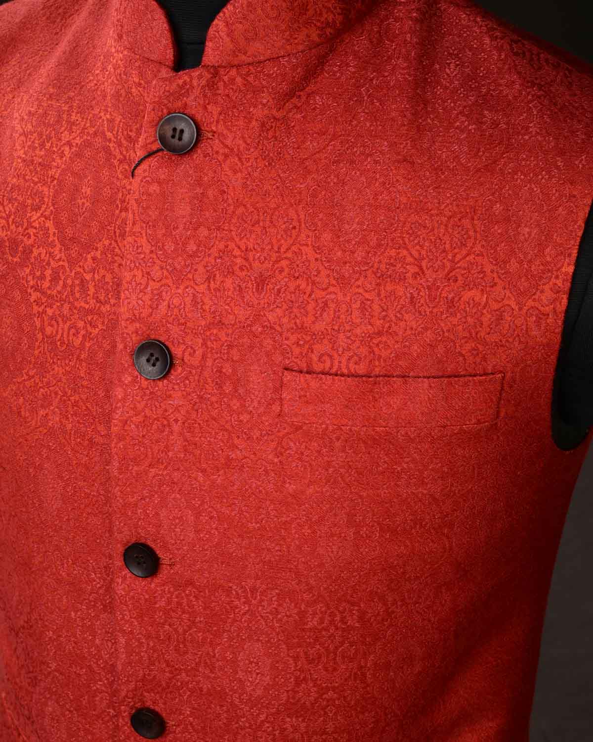 Rust Banarasi Damask Tanchoi Silk Wool Mens Modi Jacket-HolyWeaves