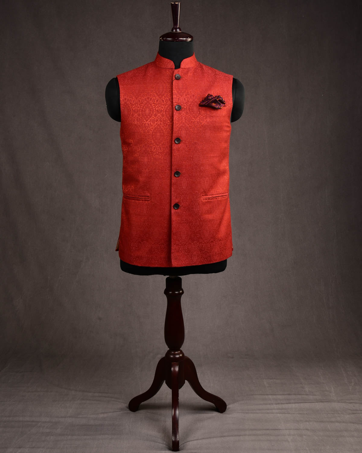 Rust Banarasi Damask Tanchoi Silk Wool Mens Modi Jacket