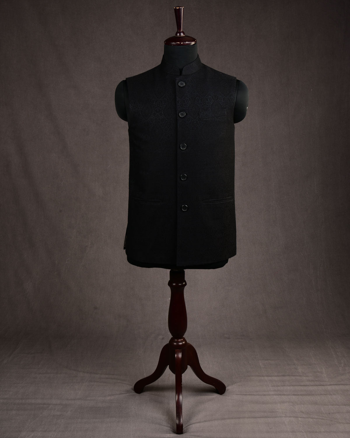 Black Damask Tanchoi Silk Wool Mens Modi Jacket-HolyWeaves