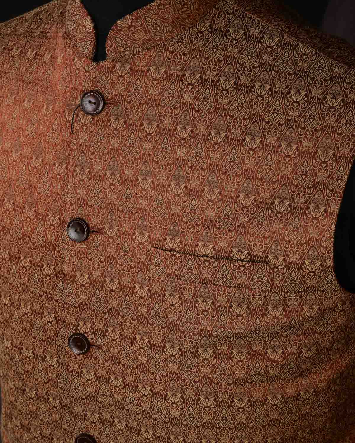 Russet Brown Banarasi Alfi Jamawar Silk Wool Mens Modi Jacket-HolyWeaves