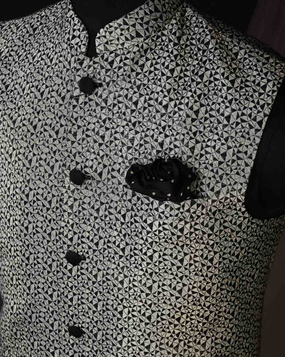 Silver & Black Random Geometry Silver Zari Brocade Silk Mens Modi Jacket