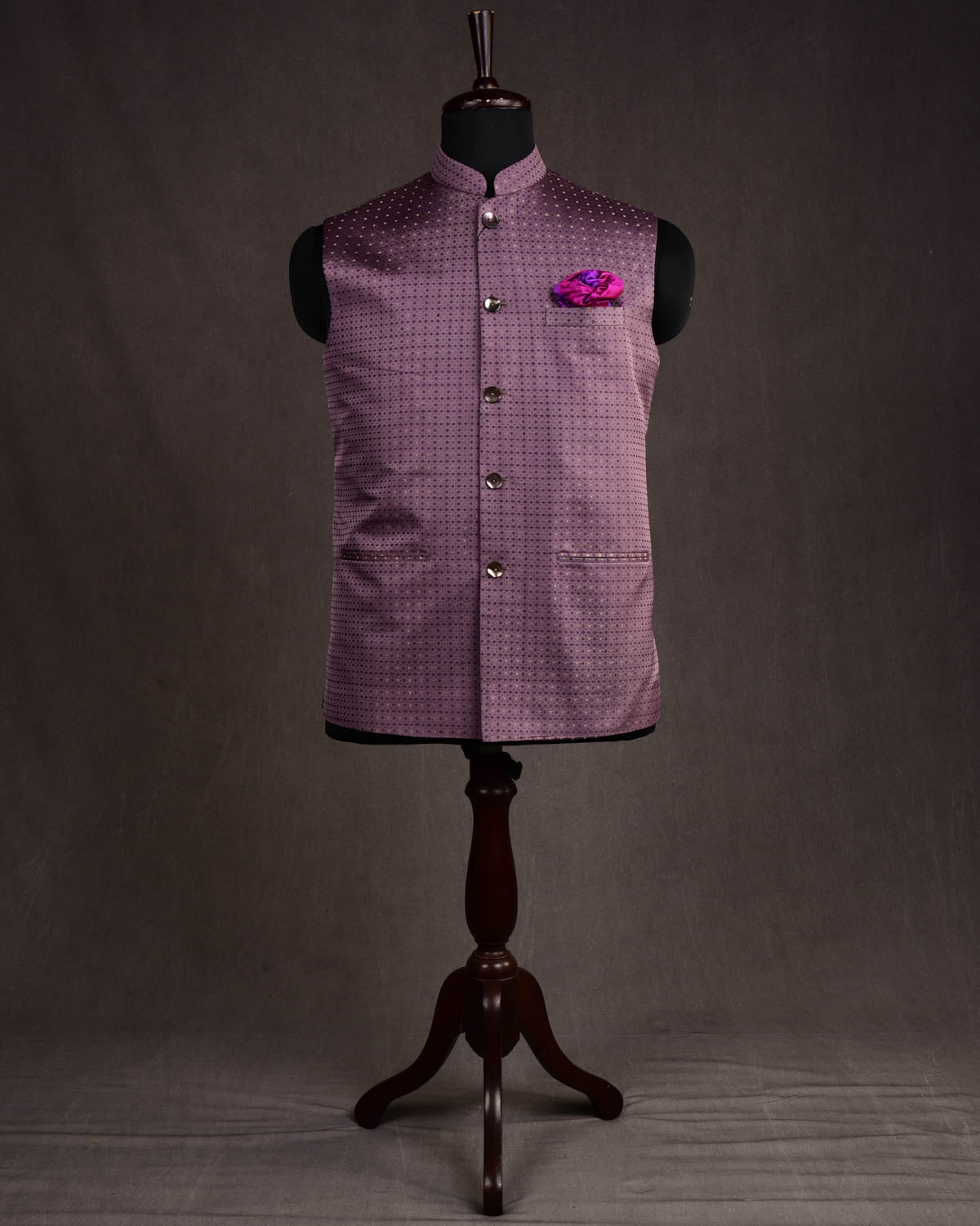 English Lavender Gold Zari Tanchoi Brocade Silk Mens Modi Jacket-HolyWeaves