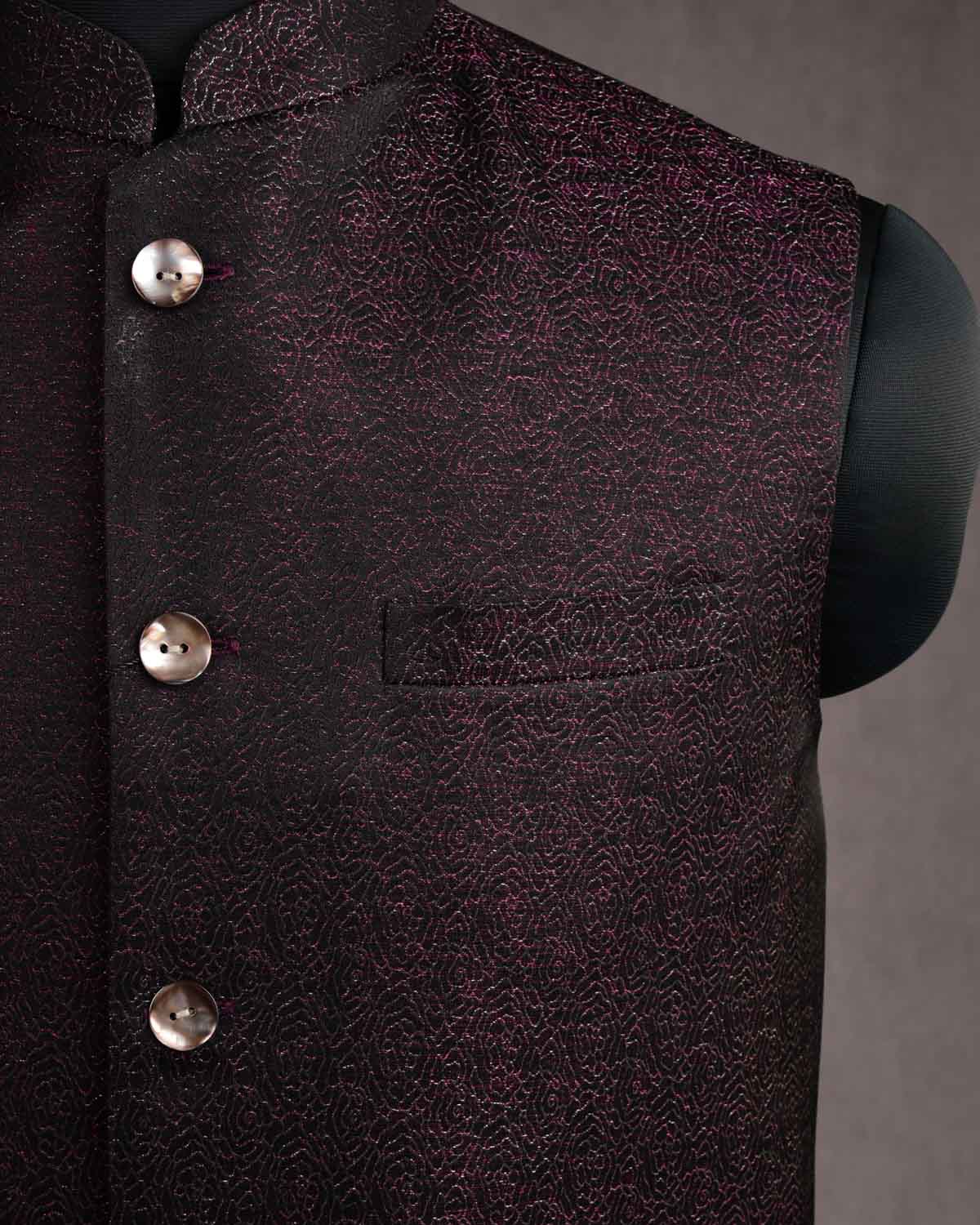 Mulberry Black Colored Zari Brocade Art Silk Mens Modi Jacket-HolyWeaves