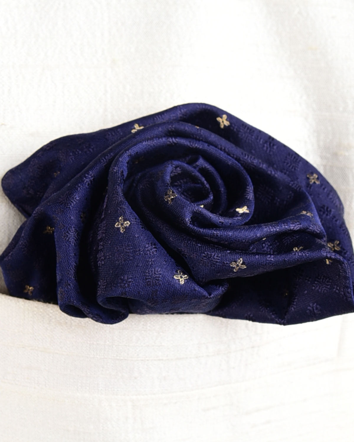 Navy Blue Gold Zari Tanchoi Brocade Handwoven Silk Pocket Square for Men with Scallop Hand-Hemming-HolyWeaves