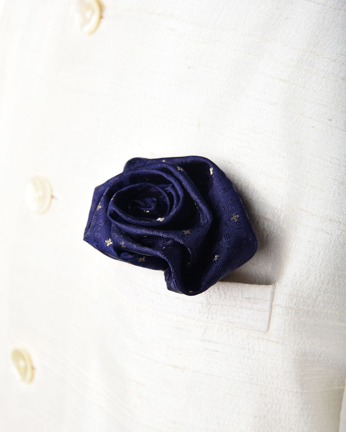 Navy Blue Gold Zari Tanchoi Brocade Handwoven Silk Pocket Square for Men with Scallop Hand-Hemming-HolyWeaves