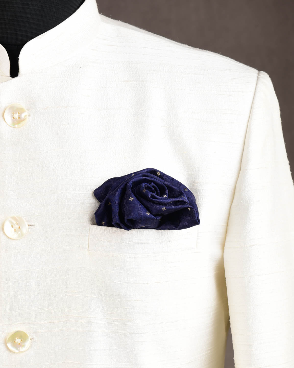 Navy Blue Gold Zari Tanchoi Brocade Handwoven Silk Pocket Square for Men with Scallop Hand-Hemming-HolyWeaves