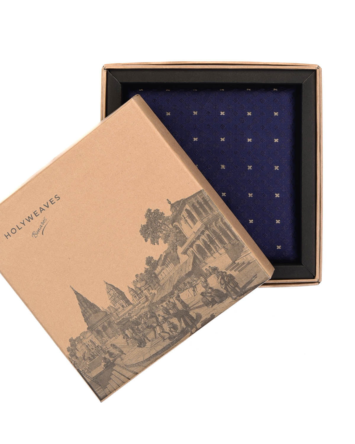 Navy Blue Gold Zari Tanchoi Brocade Handwoven Silk Pocket Square for Men with Scallop Hand-Hemming-HolyWeaves