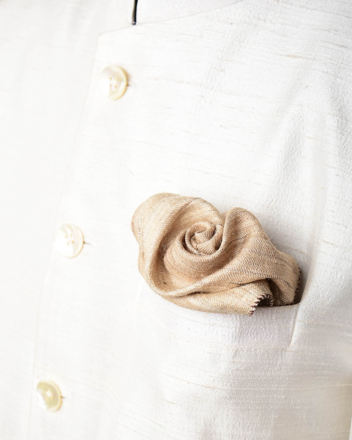 Textured Beige Variegated Texture Handwoven Tasar Silk Pocket Square for Men with Spiral Hand-Hemming-HolyWeaves