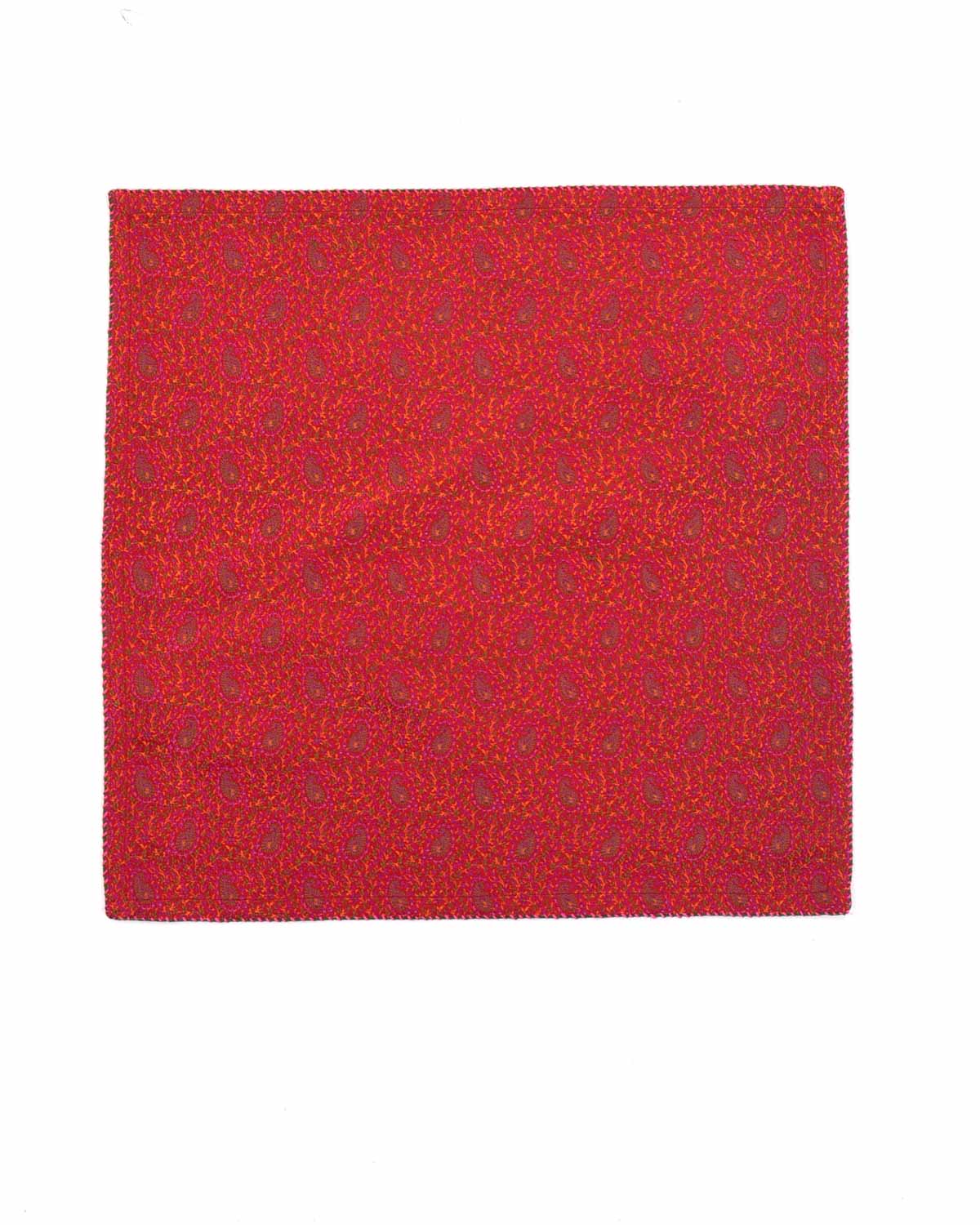 Red Mini Paisleys Tanchoi Handwoven Silk Pocket Square for Men with Spiral Hand-Hemming-HolyWeaves