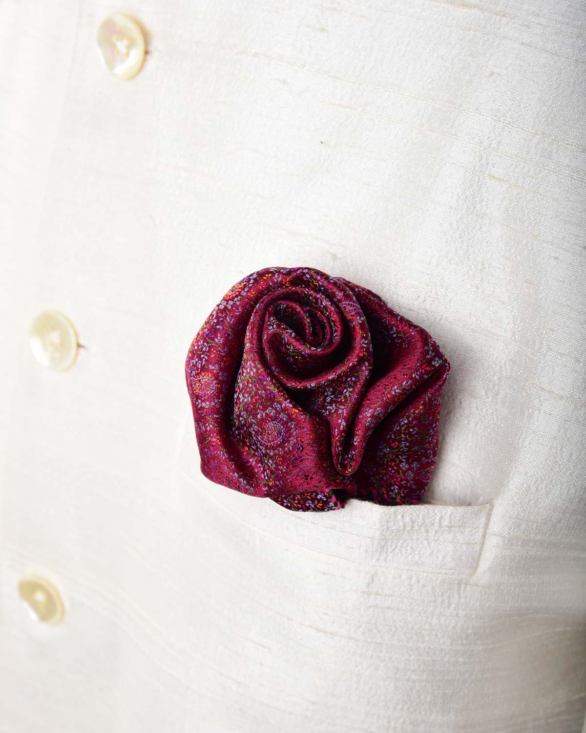 Burgundy Mini Paisleys Tanchoi Handwoven Silk Pocket Square for Men with Spiral Hand-Hemming-HolyWeaves