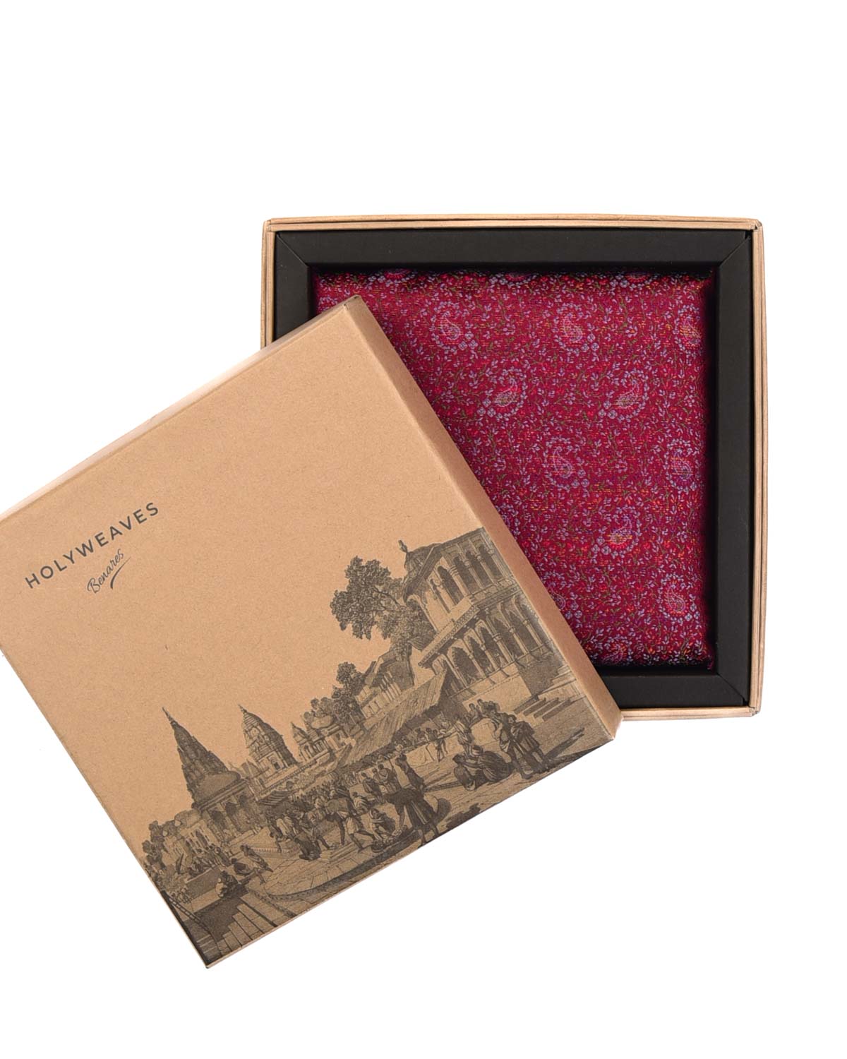 Burgundy Mini Paisleys Tanchoi Handwoven Silk Pocket Square for Men with Spiral Hand-Hemming-HolyWeaves