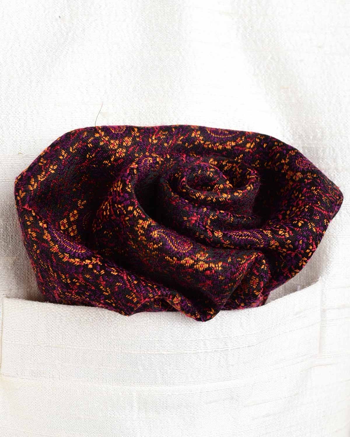 Black Mini Paisleys Tanchoi Handwoven Silk Wool Pocket Square for Men with Spiral Hand-Hemming-HolyWeaves