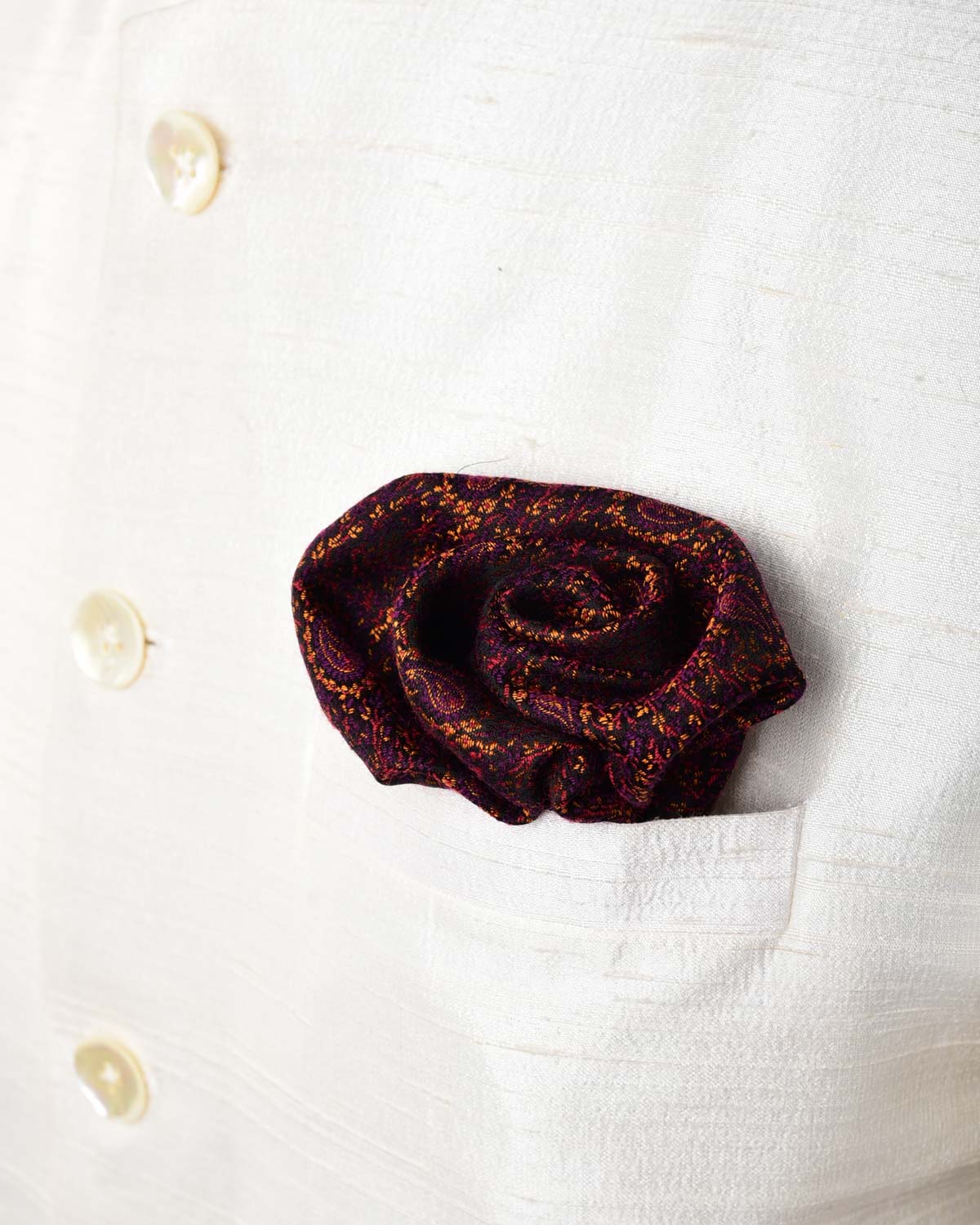 Black Mini Paisleys Tanchoi Handwoven Silk Wool Pocket Square for Men with Spiral Hand-Hemming-HolyWeaves