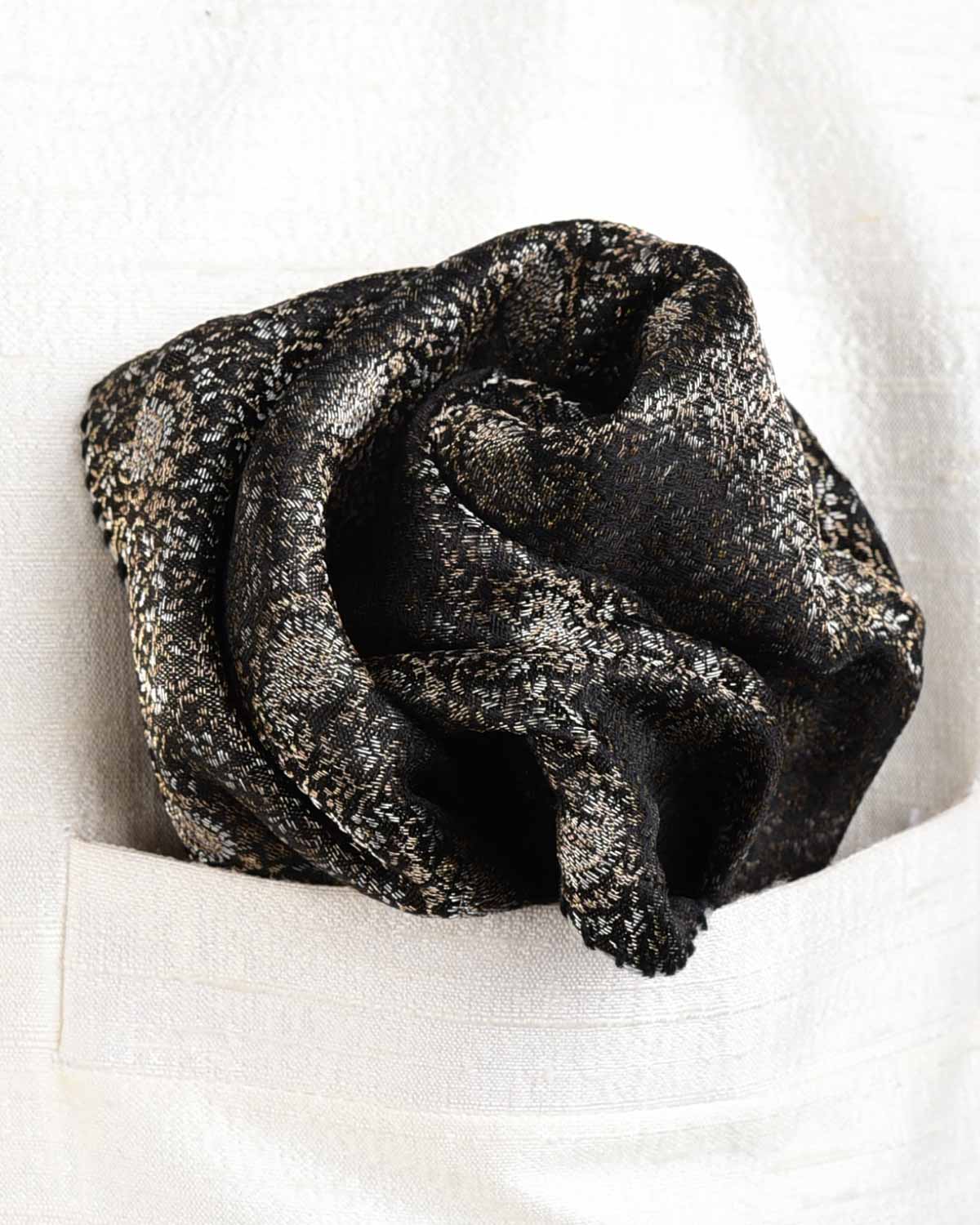 Metallic Black Zari Paisleys Satin Tanchoi Handwoven Silk Pocket Square for Men with Spiral Hand-Hemming-HolyWeaves