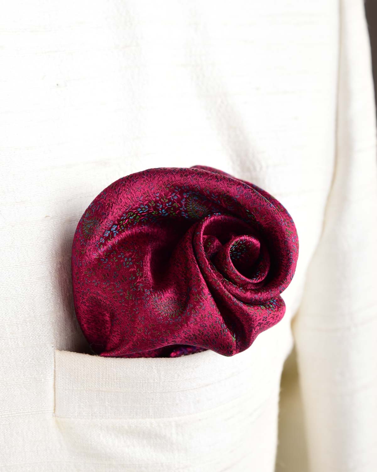 Metallic Magenta Zari Paisleys Satin Tanchoi Handwoven Silk Pocket Square for Men with Spiral Hand-Hemming-HolyWeaves