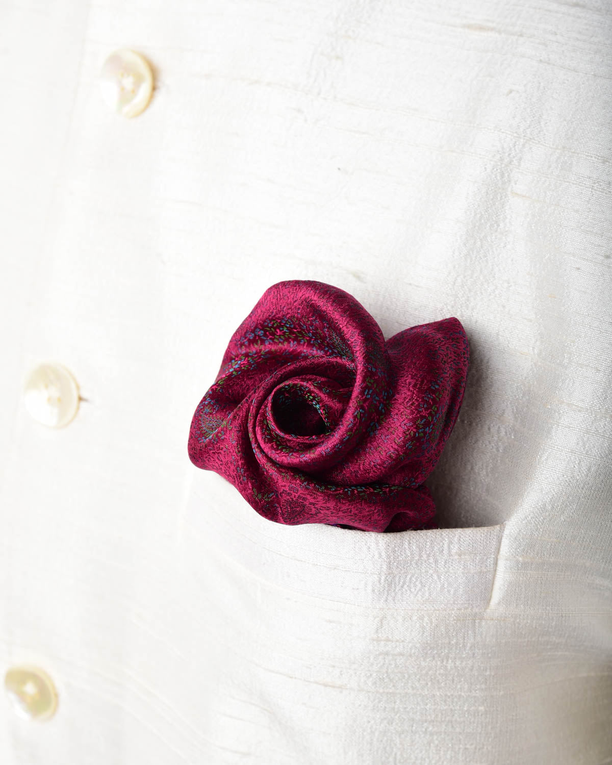 Metallic Magenta Zari Paisleys Satin Tanchoi Handwoven Silk Pocket Square for Men with Spiral Hand-Hemming-HolyWeaves