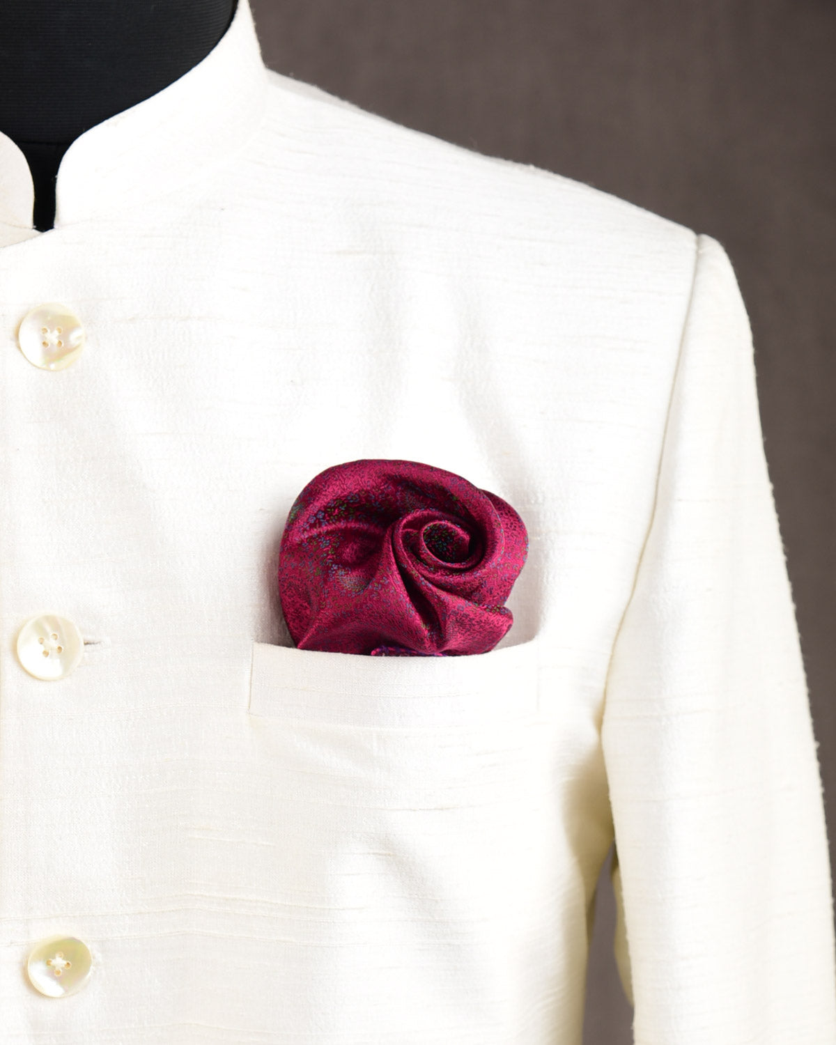 Metallic Magenta Zari Paisleys Satin Tanchoi Handwoven Silk Pocket Square for Men with Spiral Hand-Hemming-HolyWeaves