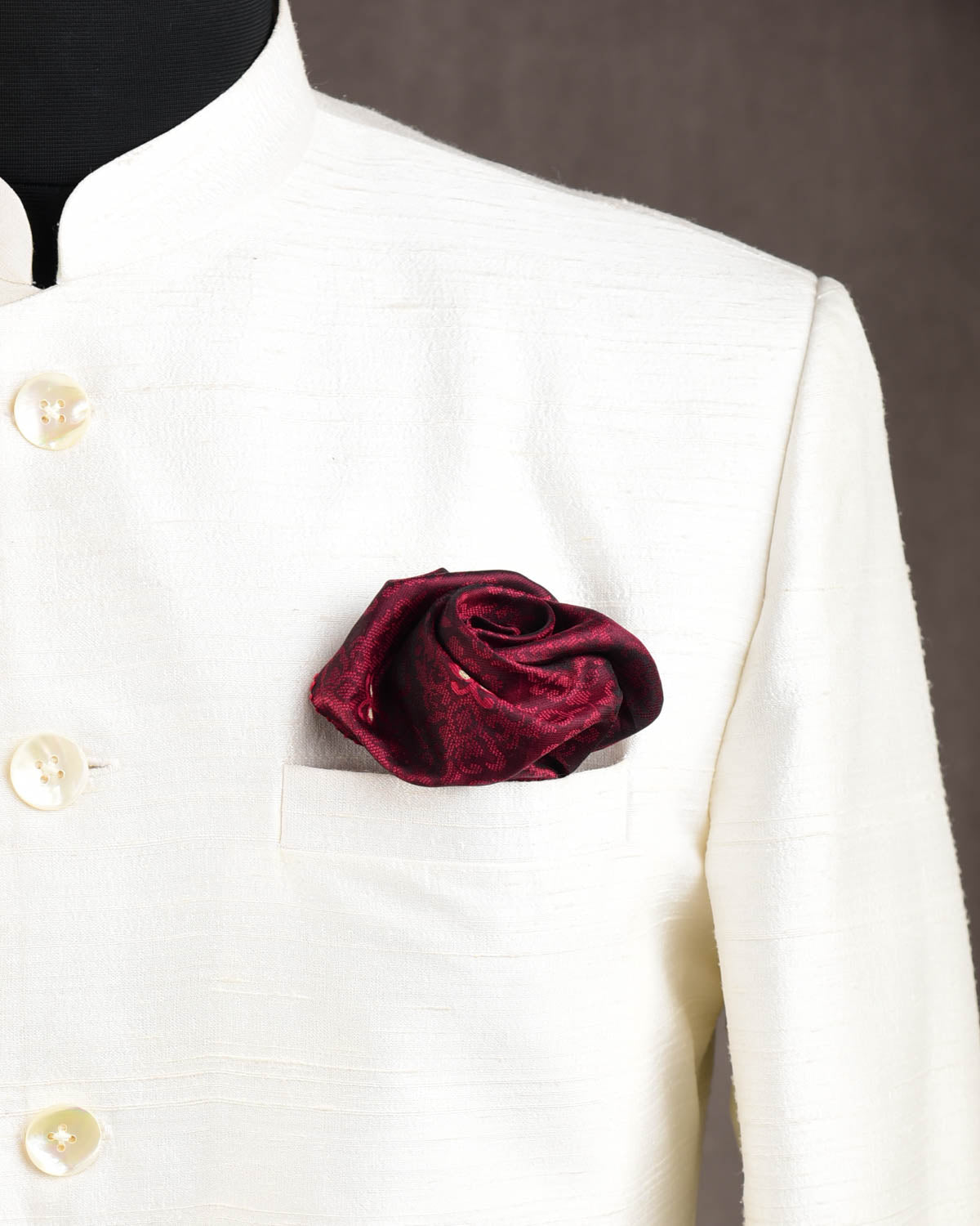 Maroon Rhombus Damask Tanchoi Brocade Handwoven Silk Pocket Square for Men with Zari Accents-HolyWeaves