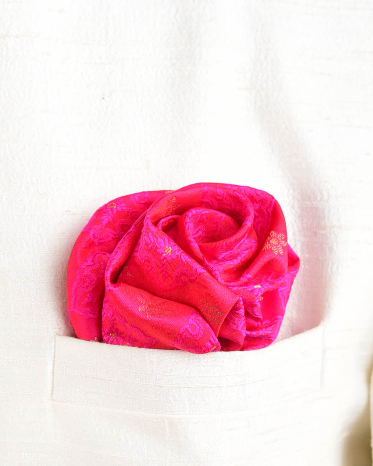 Shot Pink Red Geometric Grids Tanchoi Brocade Handwoven Silk Pocket Square for Men with Scallop Hand-Hemming-HolyWeaves