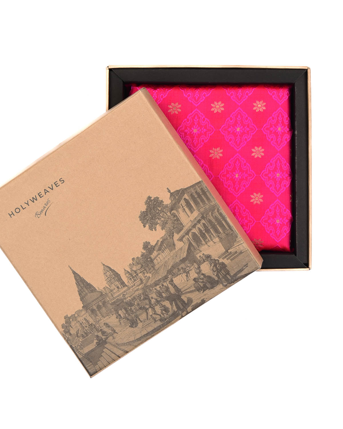 Shot Pink Red Geometric Grids Tanchoi Brocade Handwoven Silk Pocket Square for Men with Scallop Hand-Hemming-HolyWeaves