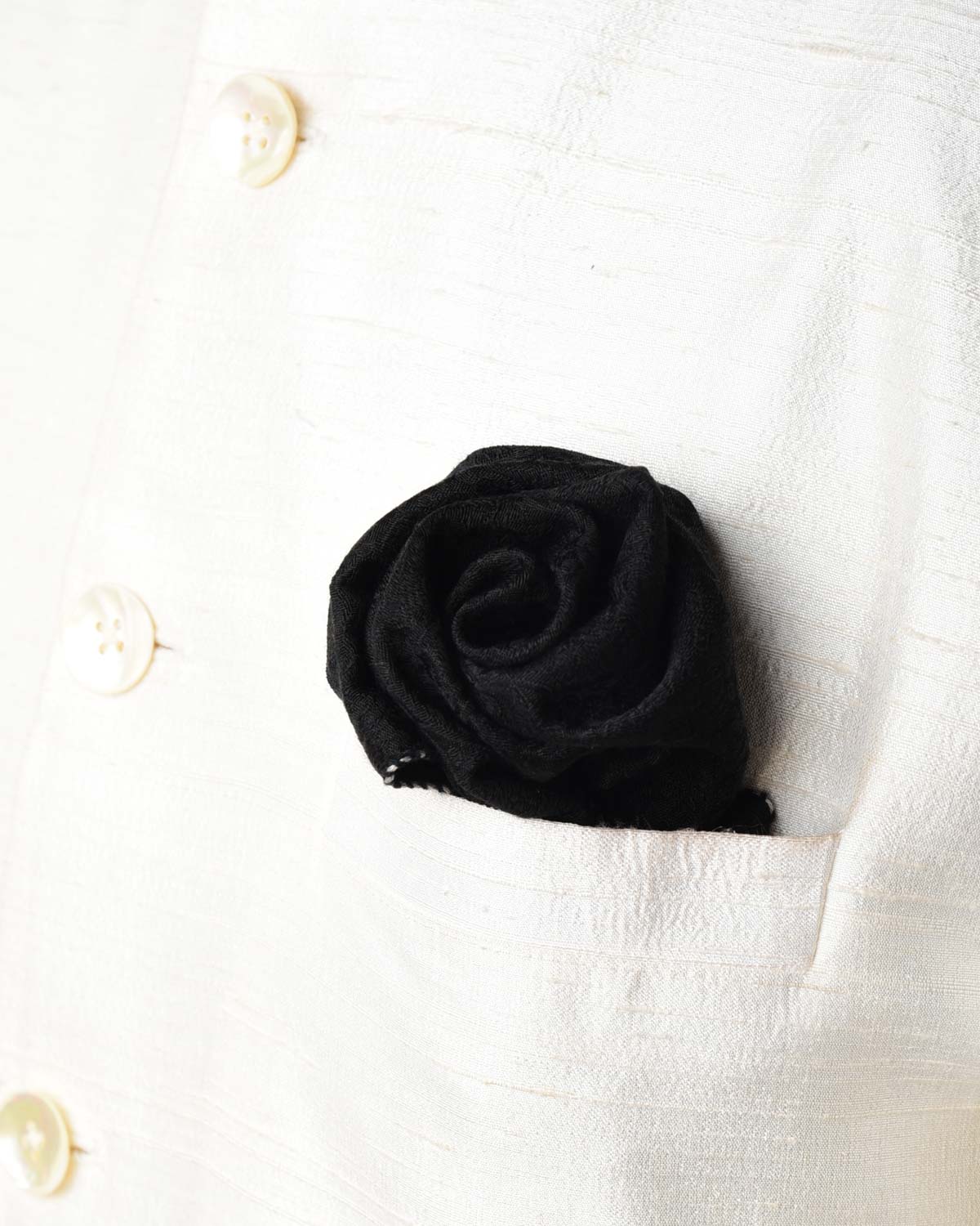 Black Damask Tanchoi Handwoven Silk Wool Pocket Square for Men with White Spiral Hand-Hemming-HolyWeaves
