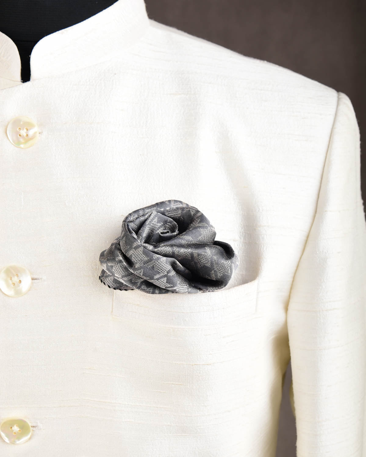 Silver On Gray Houndstooth Tanchoi Handwoven Silk Pocket Square for Men with Spiral Hand-Hemming-HolyWeaves