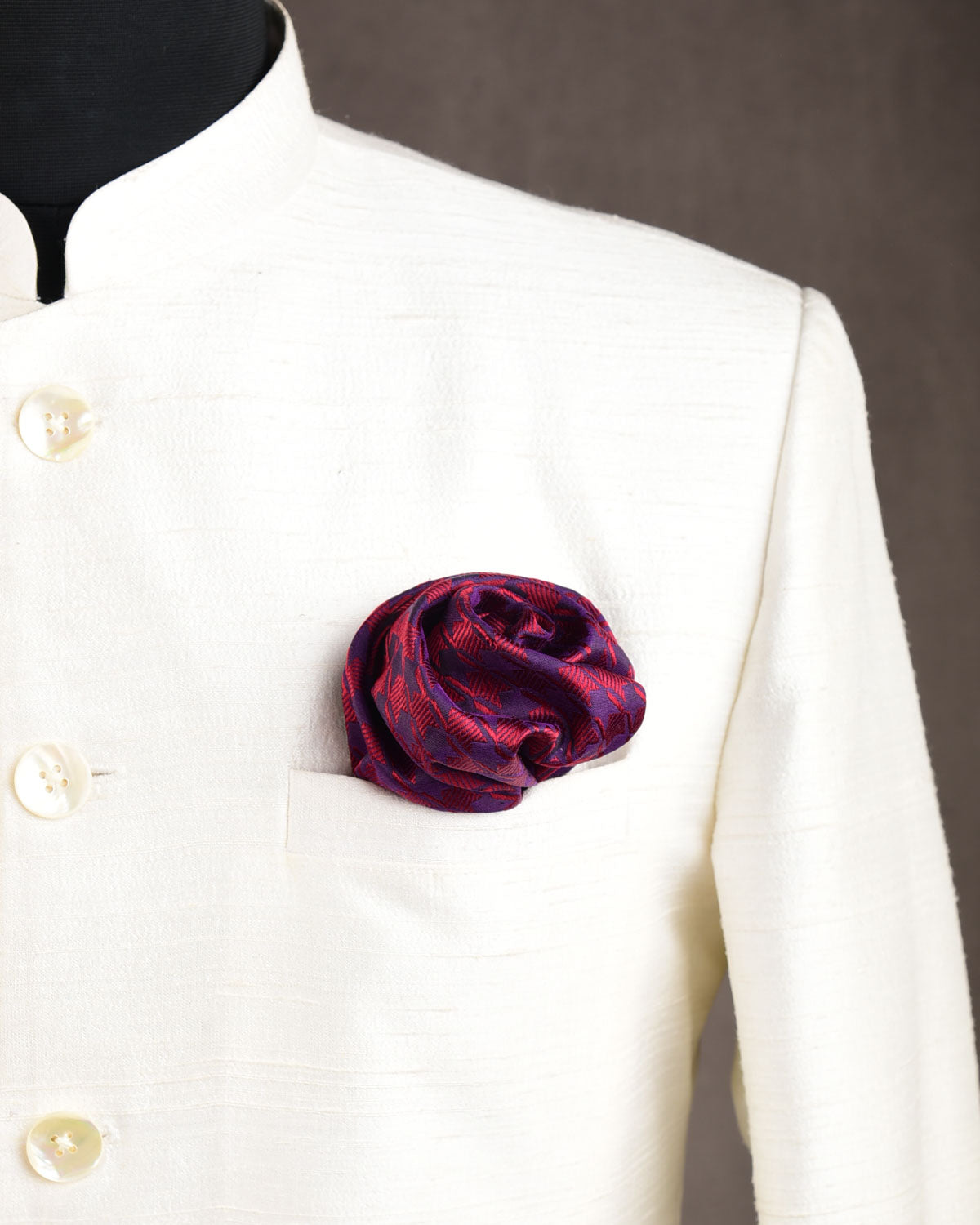 Maroon On Purple Houndstooth Tanchoi Handwoven Silk Pocket Square for Men with Scallop Hand-Hemming-HolyWeaves