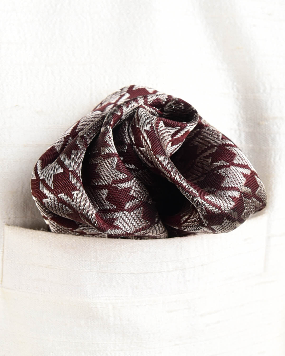Silver On Mahogany Houndstooth Tanchoi Handwoven Silk Pocket Square for Men with Scallop Hand-Hemming-HolyWeaves