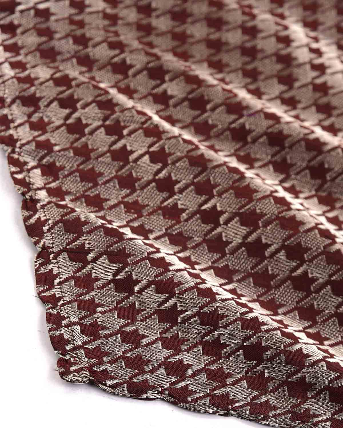Silver On Mahogany Houndstooth Tanchoi Handwoven Silk Pocket Square for Men with Scallop Hand-Hemming-HolyWeaves