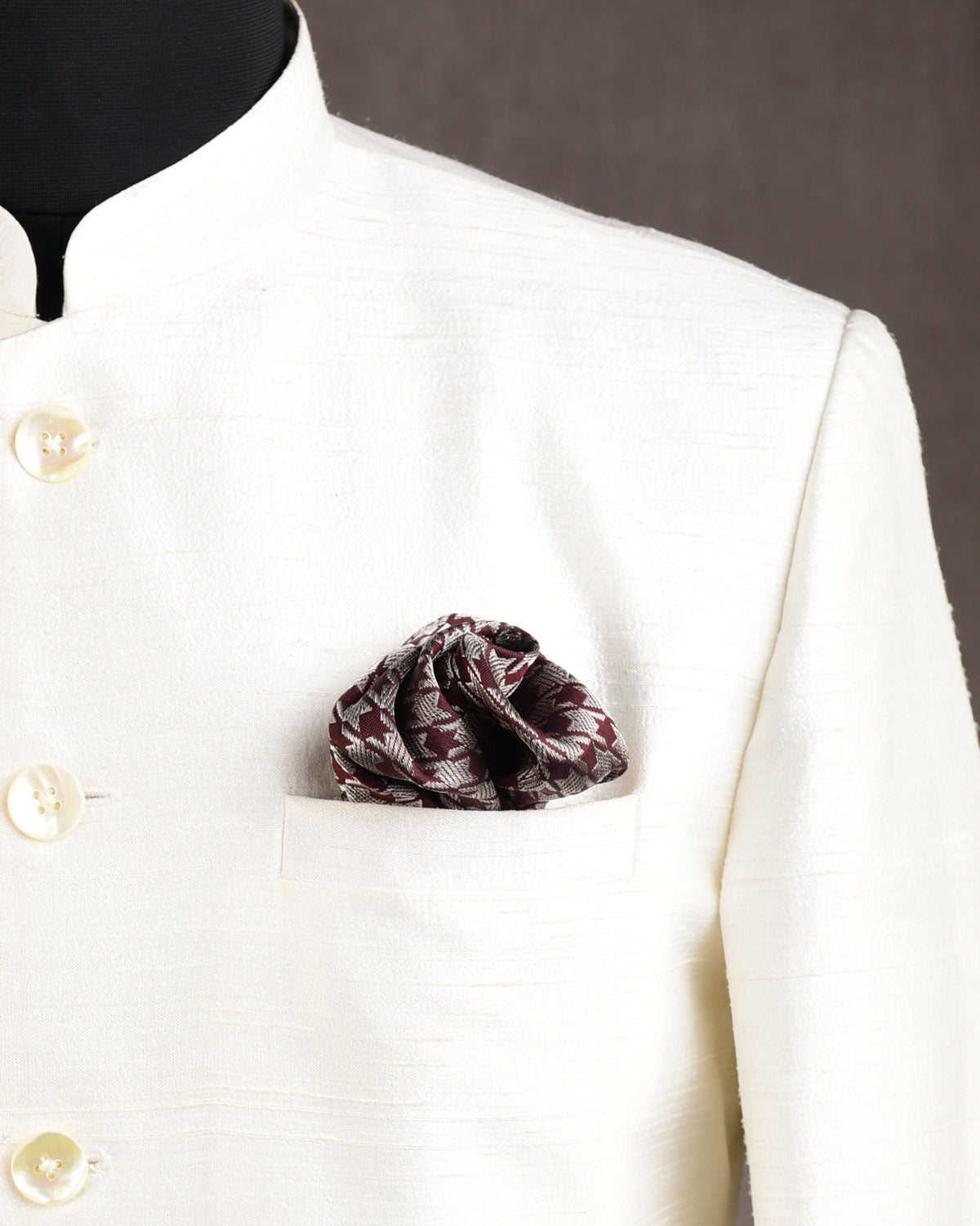 Silver On Mahogany Houndstooth Tanchoi Handwoven Silk Pocket Square for Men with Scallop Hand-Hemming-HolyWeaves