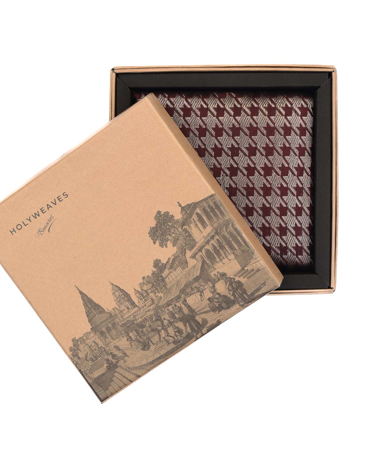 Silver On Mahogany Houndstooth Tanchoi Handwoven Silk Pocket Square for Men with Scallop Hand-Hemming-HolyWeaves