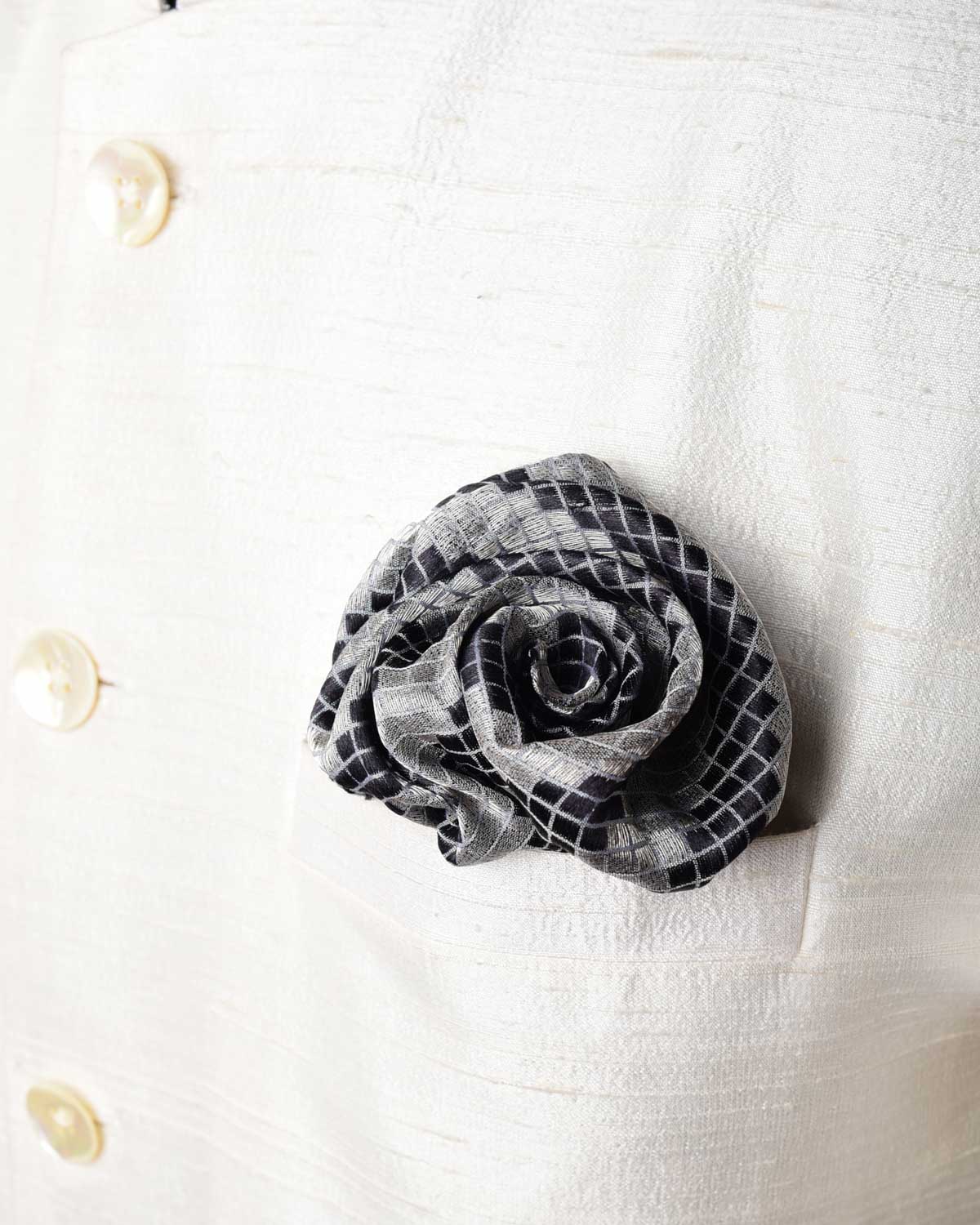 Gray Chequered Diagonal Stripes Brocade Handwoven Silk Pocket Square for Men with Spiral Hand-Hemming-HolyWeaves