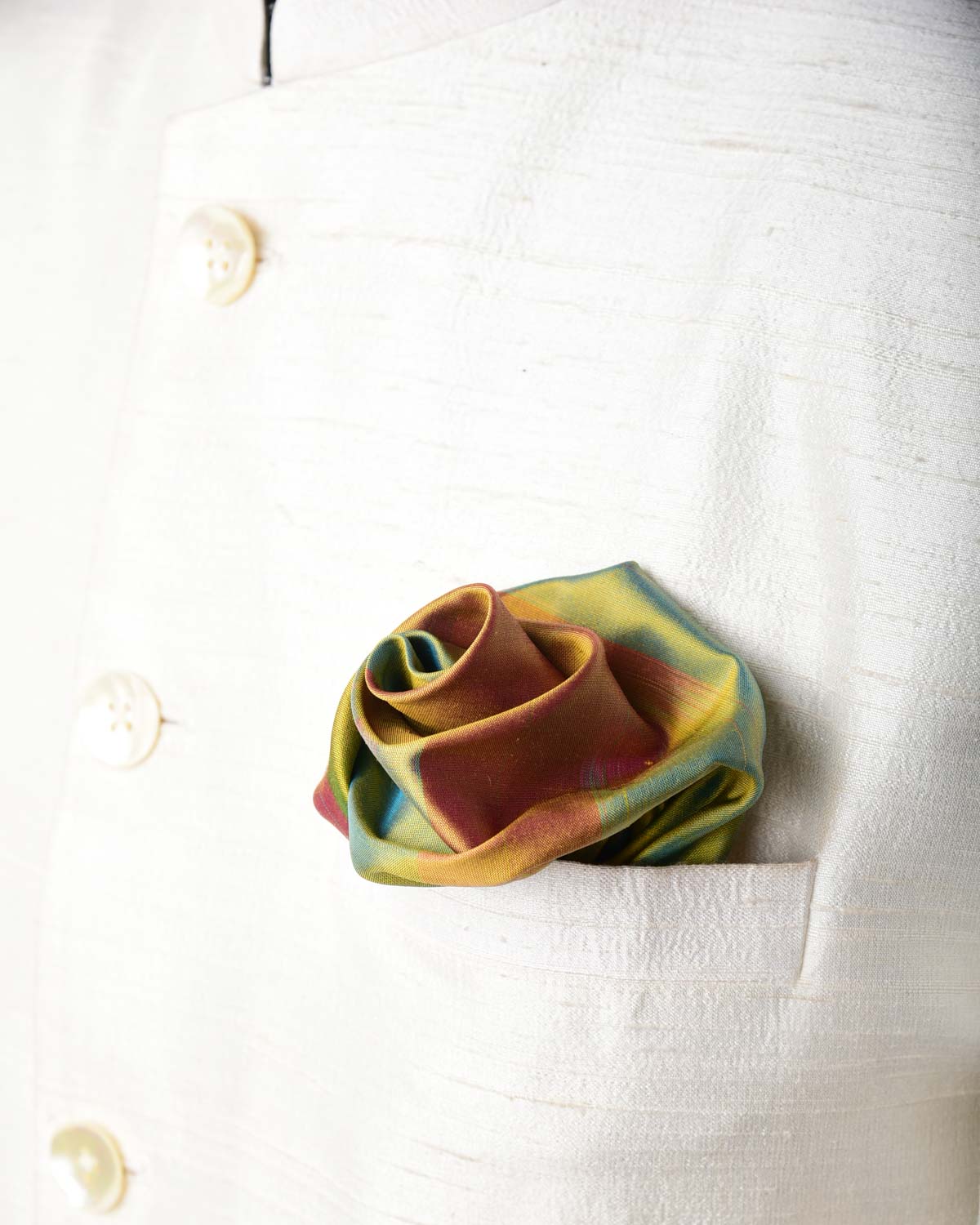 Rainbow Green-Yellow Twin-Layer Double-Sided Ombre Handwoven Silk Pocket Square for Men with Spiral Hand-Hemming-HolyWeaves