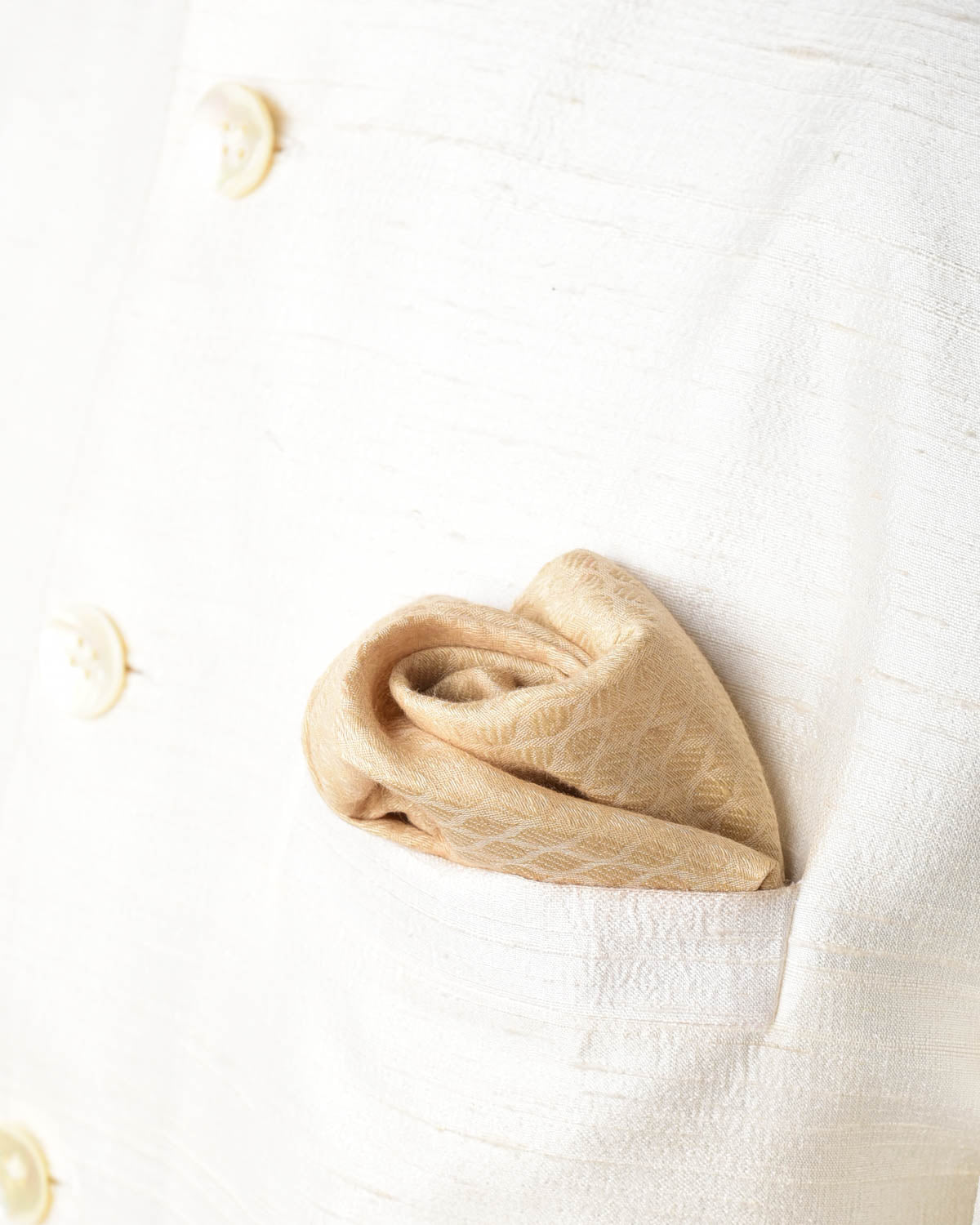 Beige Tanchoi Handwoven Linen Silk Pocket Square for Men with Spiral Hand-Hemming-HolyWeaves
